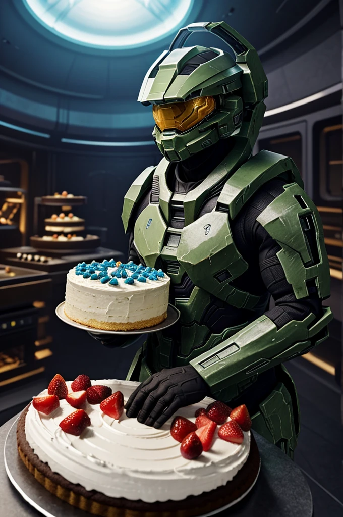 Halo video game character, called Sangheili with a cake and a party hat