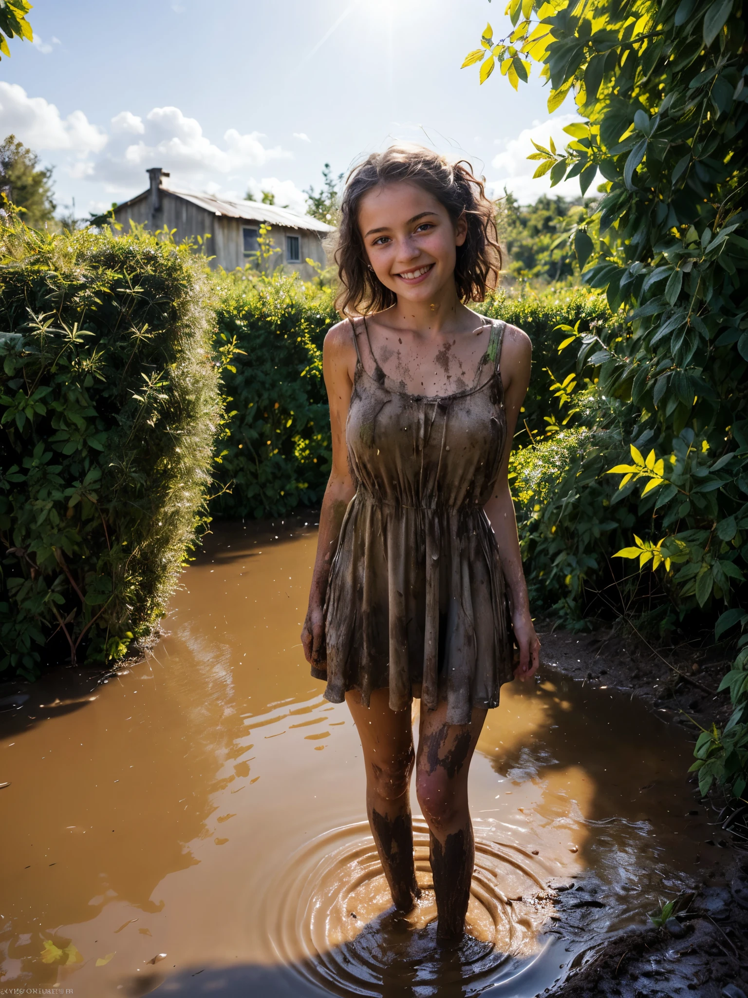 1girl, greek dress, detailed face, looking at viewer, smile, flooding puddle, (wild shrubs:1.2), small rickety hut, outdoor, direct sunlight, natural light, photorealistic, cinematic lighting, dirty muddy clothes, (13yo, cute:1.2), (breasts:1.2),