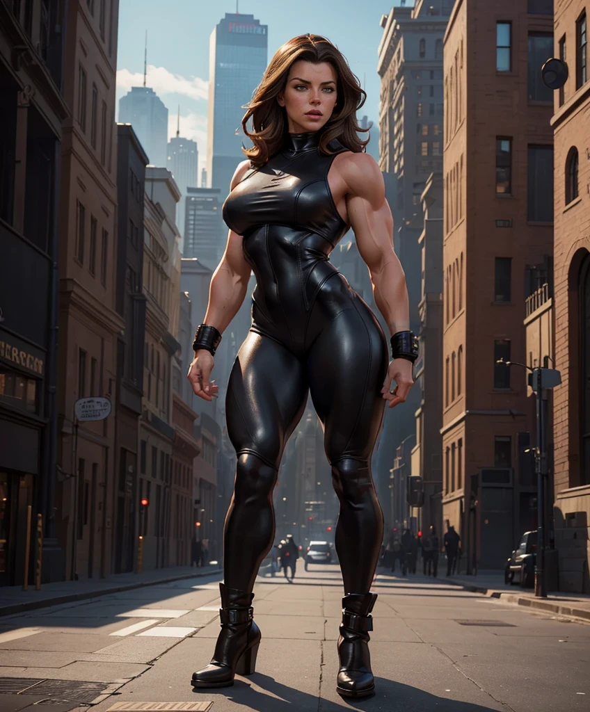 full body shot, Body profile of muscular female bodybuilders - large voluminous female muscles,in leather clothes, Hyper-realistic close-up photo of Kate Beckinsale, masterpiece, Best quality, (Photorealistic:1.4), Create dystopian masterpieces. Capture the cityscape in the game's gritty concept art style.. This work should evoke a feeling of abandonment and despair in a futuristic world., post-apocalyptic peace. Pay attention to subtle details, sharp focus.
