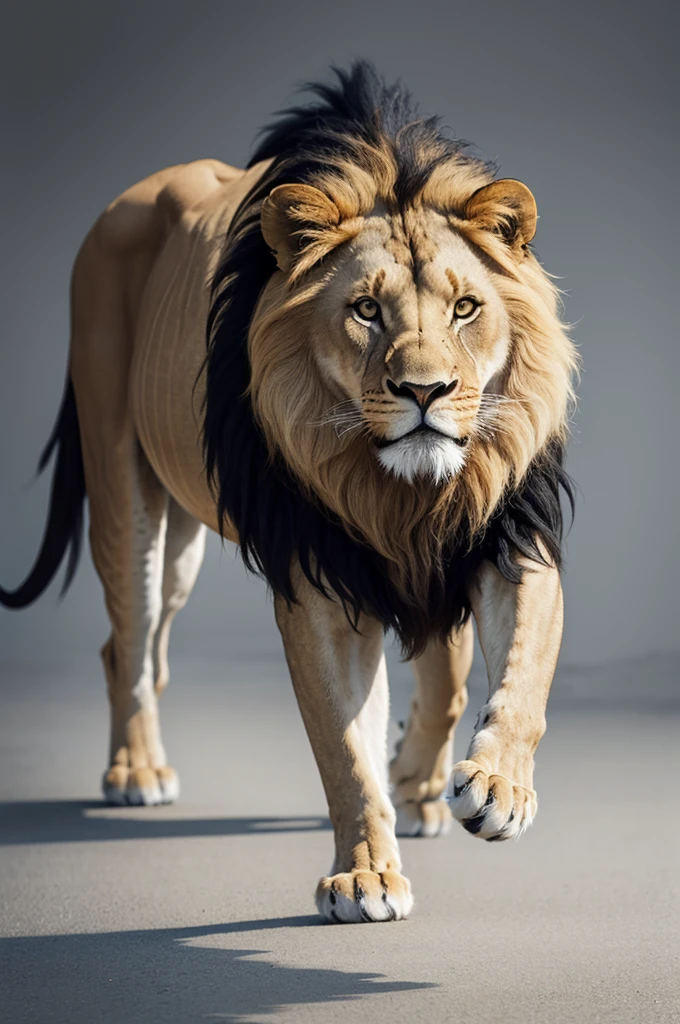 Create a lion walking sideways with gray background