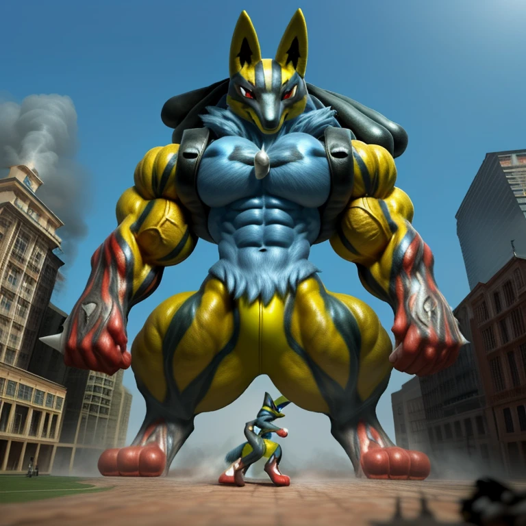 (masterpiece. official art. 8k. best quality. detailed full body. full body.)

(situation 1 : dominating mega lucario. focus GIANT mechanical Muscular mega lucario is trampling the CITY. macro. stomp. Low-angle perspective. emphasizing the immense size. The perspective is from below, emphasizing the sheer majesty and power of the Giant. giant art. He is much bigger than a skyscraper. Giga Giants. micro soccer field. looking down.)

(situation 2 :smoke and flames rising from the destruction in the city)

(Additional details 2: (Detailed head. Detailed Body. Detailed abs. gigantic muscles. HYPER MUSCLES. Gigachad Muscular. big muscle. pecs. triceps. traps. unusually developed muscular body. body full of huge muscles. showing off muscles. pectorales enormes. Exaggeratedly huge muscles. huge muscles. long legs.).
