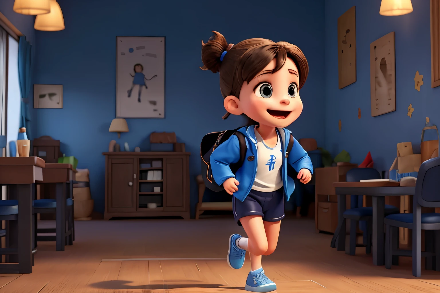 DRINKS 4-year-old BRUNETTE WOMAN running FAST, smiling with open mouth in blue shorts , white shirt,dark blue coat long sleeve black sneakers, with backpack on his back

