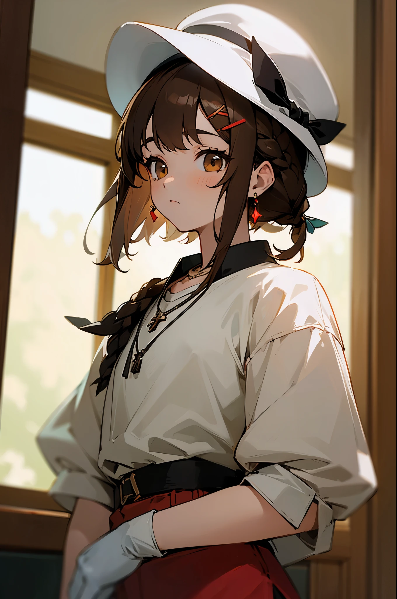 (masterpiece:1.3), (best quality:1.3),indoors,bookshelf,window,solo,1girl, reisalin_stout, upper body, standing,brown hair, brown eyes, solo, hairclip, earrings, jewelry, short_hair, white_headwear, hat, hair_ornament, brown_gloves, necklace, short_shorts, x hair ornament, red shorts, braid,