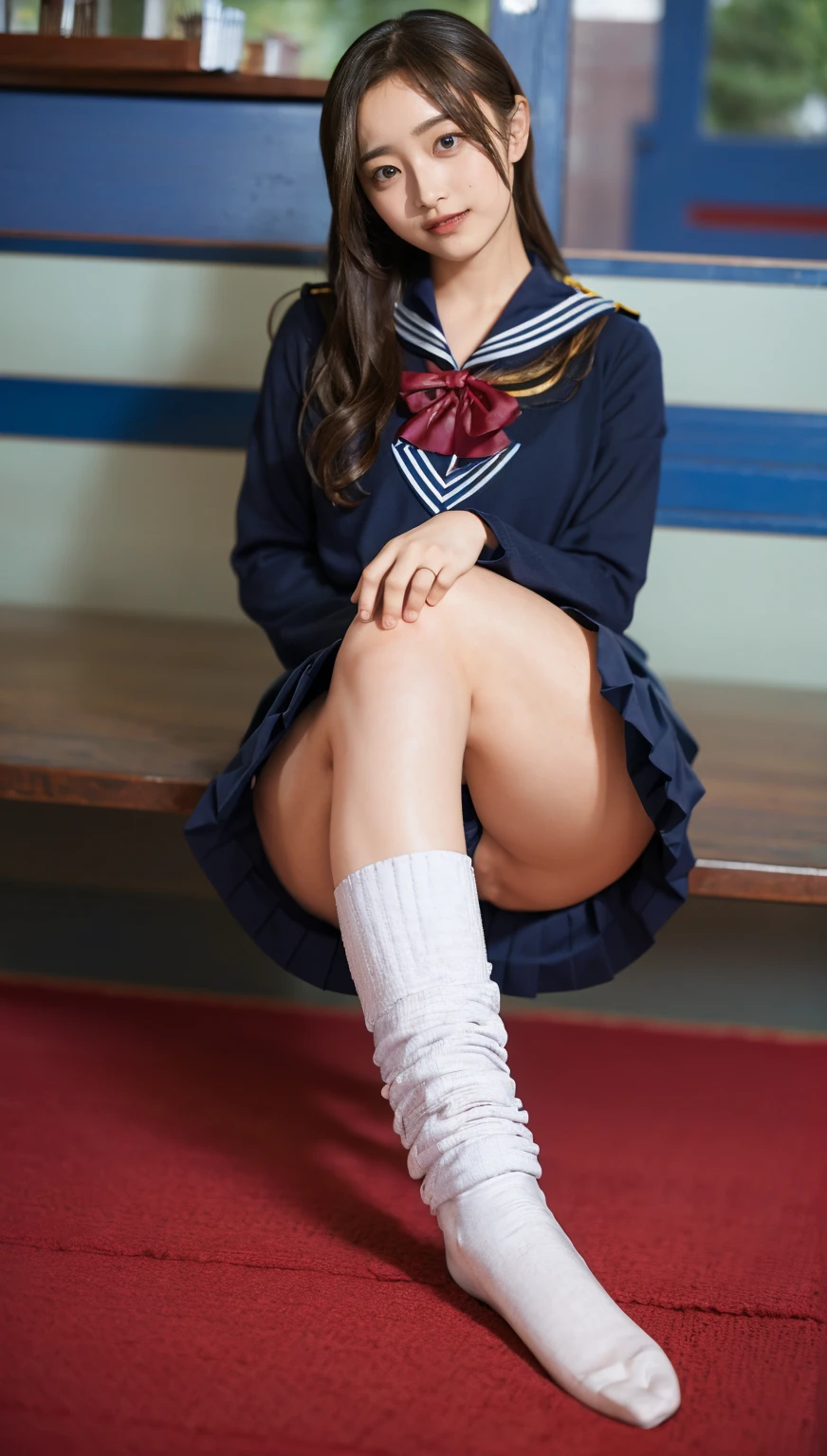 ((highest quality、8k、masterpiece:1.3)),((((fullbody shot)))),Ultra-high resolution,big eyes,Japanese,forehead,bangs,(a girl),(1 girl),((s old)),((cute)),pretty,((facing at viewer)),(long hair),(((black sailor uniform))),grin,((sitting with your legs stretched out)),(pleated mini skirt)