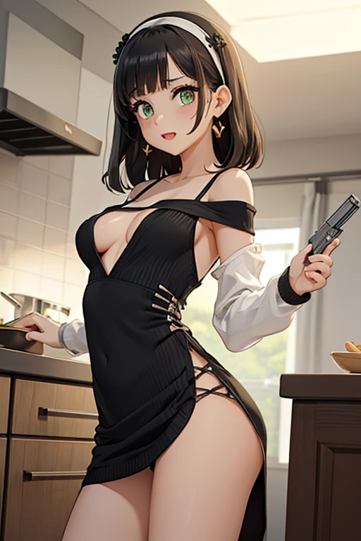 (small breasts:1.2), (perky chest:1.1), (pointed chest:1.0), (hand gun magazine cover:1.3)，(from below:1.2),(from side:0.9),masterpiece, 1girl, Amazing Cleavage:1.1, thin waist, big ass, Raised sexy, small breast: 1.2, posed cleavage:1.2、solo, open mouth, have a cute grass of cute beergrass,black hair, dark green eyes, dress, bare shoulders, jewelry, collarbone, sidelocks, hairband, earrings, indoors, off shoulder, sweater, arms behind back, plant, short hair with long locks, gild hairband, sweater dress:1.2, off-shoulder sweater, red sweater, dark gord hair, big side hair, very long side hair,is rendered in (masterpiece: 1.2, best quality), with (ultra high resolution) and an exquisite (depth of field). This masterpiece is not only visually stunning but also tells,A scene of cooking in the kitchen by classroom ,looking at viewer,
