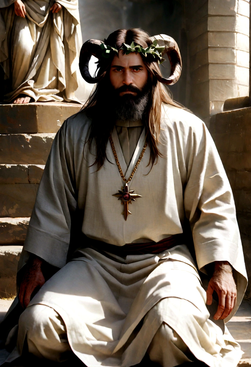 create a realistic image of a bearded man with a wreath of thorns on his head who has devil's horns, the man has a demonic look and is kneeling, his clothing is a white robe, around him stand 12 biblical apostles, long clothes, religion, Ultra photo realism