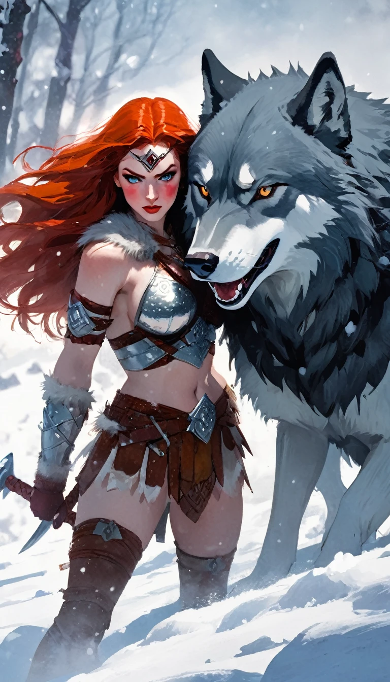 A fierce redhead warrior, Red Sonja, with her companion a huge giant wolf in a snowy landscape, blood stains on the pristine white snow , ultra detailed,,vivid colors,bokeh,portraits,concept art,dramatic lighting,cold tones,snow, ice, winter, art inspired by Bill Sienkiewicz