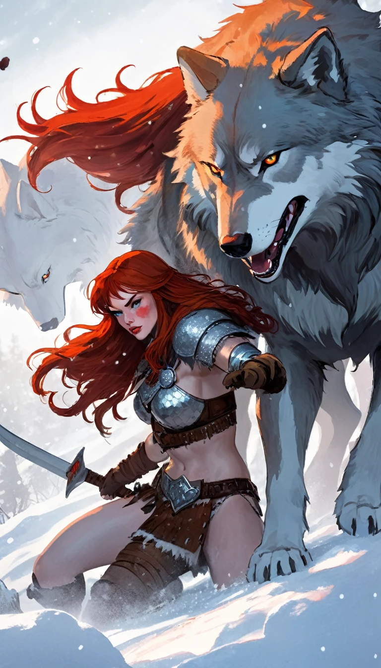 A fierce redhead warrior, Red Sonja, with her companion a huge giant wolf in a snowy landscape, blood stains on the pristine white snow , ultra detailed,,vivid colors,bokeh,portraits,concept art,dramatic lighting,cold tones,snow, ice, winter, art inspired by Bill Sienkiewicz
