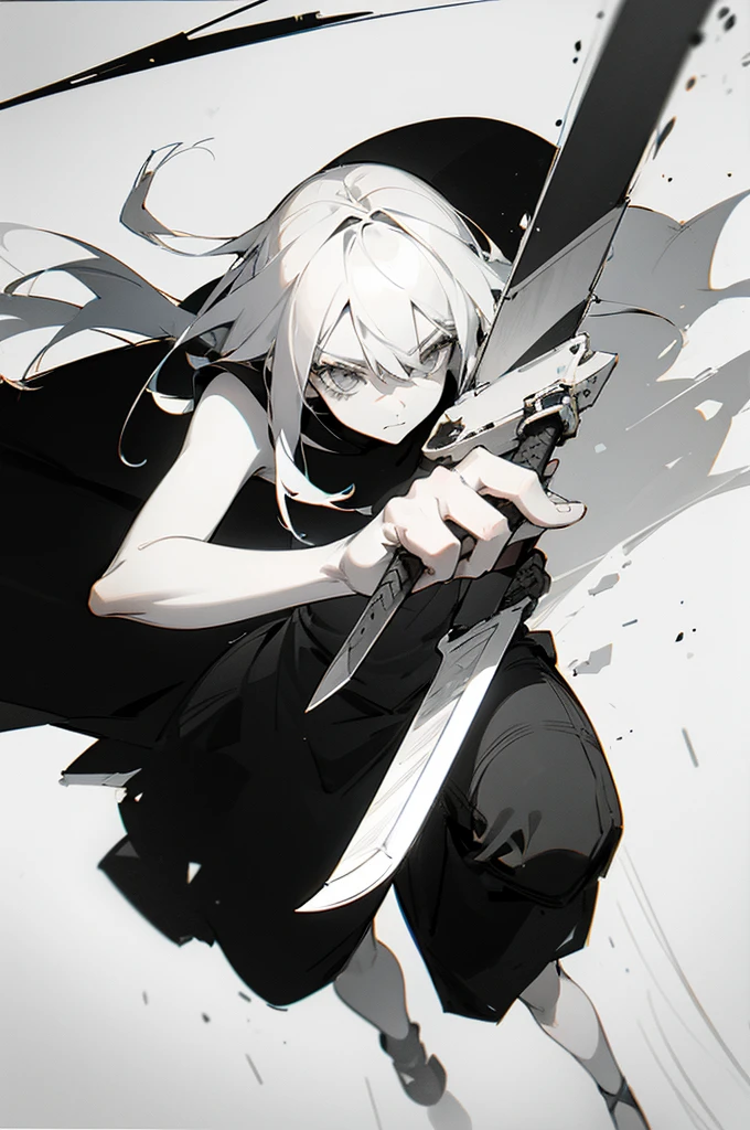 (Partial Mosaic, White Hair Girl, knife), Grayscale Shades, sketch, Minimalist Style, Monochrome background street art