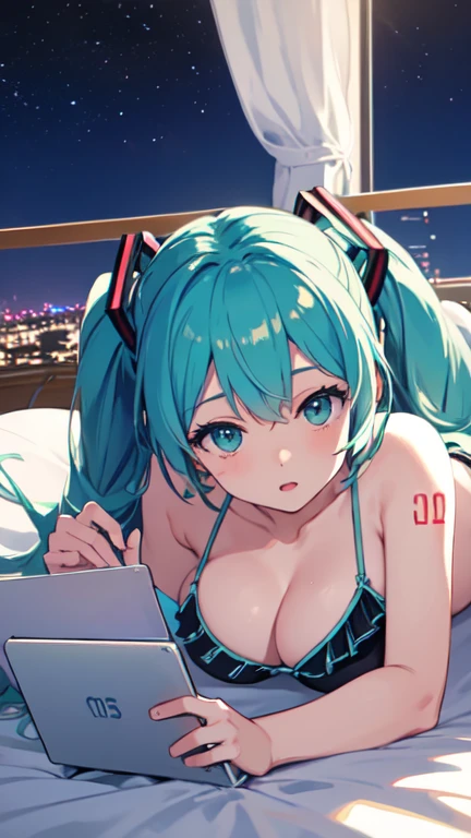 Lying in bed、Studying on a laptop、Hatsune Miku in a bikini、Large Breasts、beautiful night view outside the window