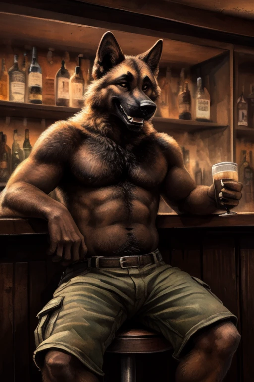 (german shepherd), (solo), male, anthro, (by Blotch, by kenket), (tail:1.3), (perfect hands), (((pleasured expression))), teeth, (grinning), smirk, feeling good , , ((bar background), inside, powerful silhouette, mysterious shadows), realistic shading, (epic, masterpiece, high quality, 8k, ultra HD, absurd res, top quality, best quality, max quality, masterpiece), ((thick fur, large build)), correct anatomy:1.2, ((mature male)), manly, masculine, (hairy chest), sexy, ((cargo shorts)), belt, sitting at bar, sitting on barstool, hairy armpits, looking at viewer, drinking alcohol