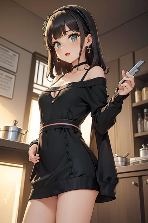 (small breasts:1.2), (perky chest:1.1), (pointed chest:1.0), (hand gun magazine cover:1.3),(from below:1.2),(from side:0.9),masterpiece, 1girl, Amazing Cleavage:1.1, thin waist, big ass, Raised sexy, small breast: 1.2, posed cleavage:1.2、solo, open mouth, have a cute grass of cute beergrass,black hair, dark green eyes, dress, bare shoulders, jewelry, collarbone, sidelocks, hairband, earrings, indoors, off shoulder, sweater, arms behind back, plant, short hair with long locks, gild hairband, sweater dress:1.2, off-shoulder sweater, red sweater, dark gord hair, big side hair, very long side hair,is rendered in (masterpiece: 1.2, best quality), with (ultra high resolution) and an exquisite (depth of field). This masterpiece is not only visually stunning but also tells,A scene of cooking in the kitchen by classroom ,looking at viewer,