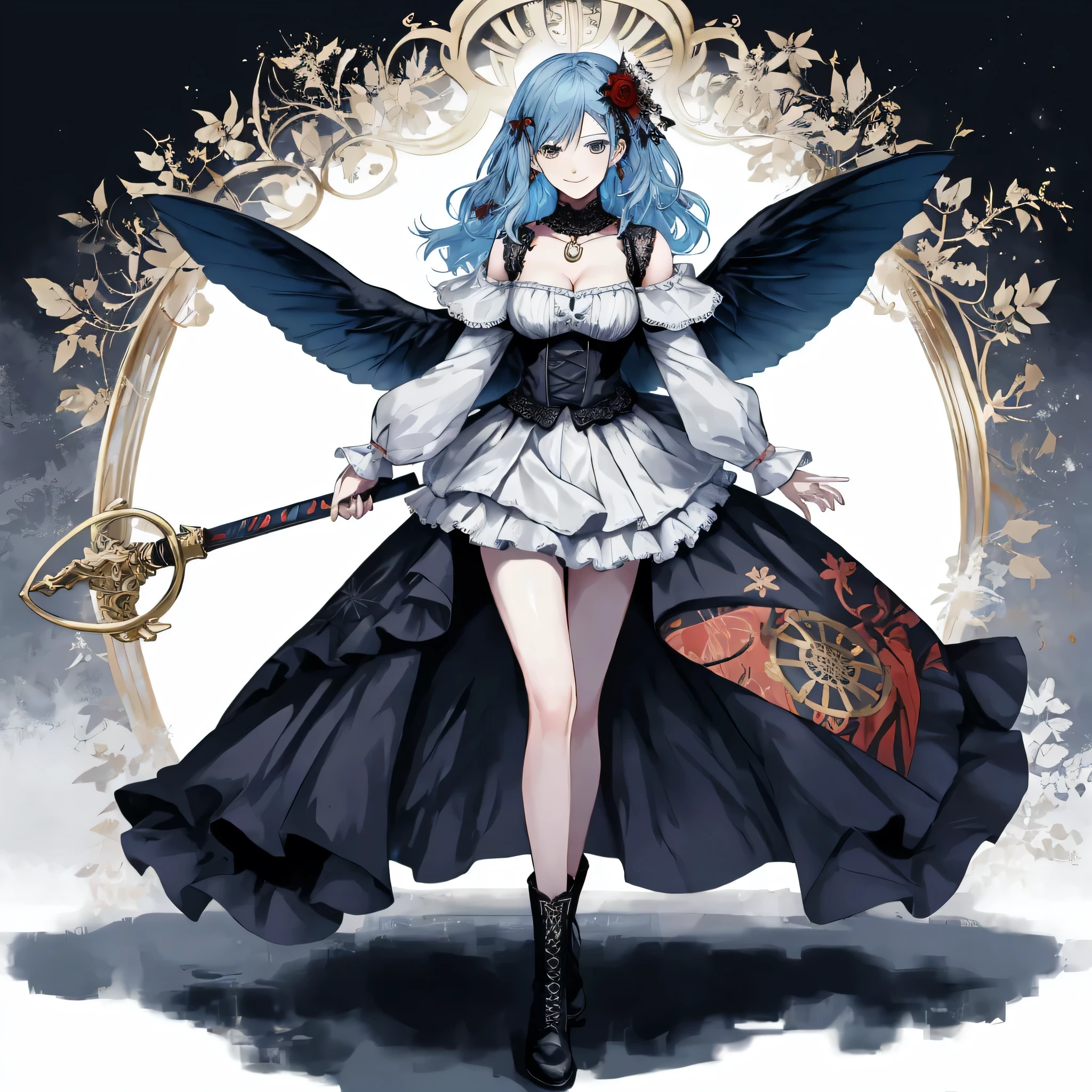 ((best quality)), ((masterpiece)), (detailed), 1girl, Character design, female, dynamic poses, ((long blue hair)), grey white eyes, very skinny, detailed, best quality, no accesoires around the neck, prominent collarbones, skinny arms, full body, blank white background, plain background, white background, ((red and white clothing)), Bloodborne inspired, occult aesthetic, occult, detailed and intricate steampunk and detailed gothic, Very dramatic and cinematic lighting, cosmic horror, grim-dark, side-lighting, perfect face, Fluttering lace flared long knee length dress with frilly petticoats, knee length dress, pleated petticoats, petticoats gothic, complex lace boots, side-lighting, gothic aesthetic, wielding a mighty sword with mechanical components, mandalas, small breasts, a fairy, various different types of insect wings,full body, whole body, white holy clothes,white holy clothes,((evil smile)),(blue hair),she has a big sword in her hand,