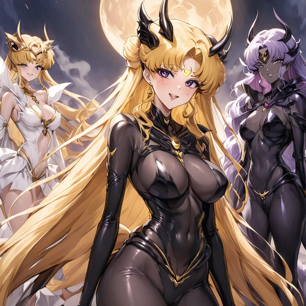 ((Highest quality)), ((masterpiece)), (detailed), (Perfect Face)、A group photo of a huddled devil family、male1people女3people、Husband, wife and daughter2people、The woman clung to her husband, the powerful demon king.2peopleの娘は悪魔の姿の母親似の黒いボディスーツのデビルプリンセスで女と魔王の傍に居る、The woman is naked and is the bride of the Demon King, the Dark Queen of the Black Moon Clan, the Demon Queen, Devil Queen Serenity, and is wearing a shiny black full-body bodysuit decorated with gold, a sexy female demon with jet-black skin, Devil Queen Serenity.、The woman is a jet-black female demon with magnificent devil horns, jet-black devil wings, and a jet-black tail. Her skin is jet-black, and she has a black inverted crescent moon mark on her forehead. She is the jet-black demon Devil Queen Serenity, and has blonde hair.2The expression of a girl in love with her long hair tied up、Woman is Devil Queen Serenity