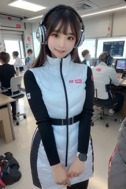 masterpiece, Highest quality, Very detailed, 8K Portrait,Japanese Android Girl,plump , Control panel,Robotic arms and legs, Blunt bangs,,break (Metallic Gray, Metallic luster, Mirror finish, Astro Best):5,headphone:5,break (Black sleeves):100,Smart Watches,Futuristic space station,Control Room,break headphone,blue eyes,(Black Hair):2,(Long Hair):1.3,Displaying the viewer,(respirator),break blush:3,Hidden Hand,smile