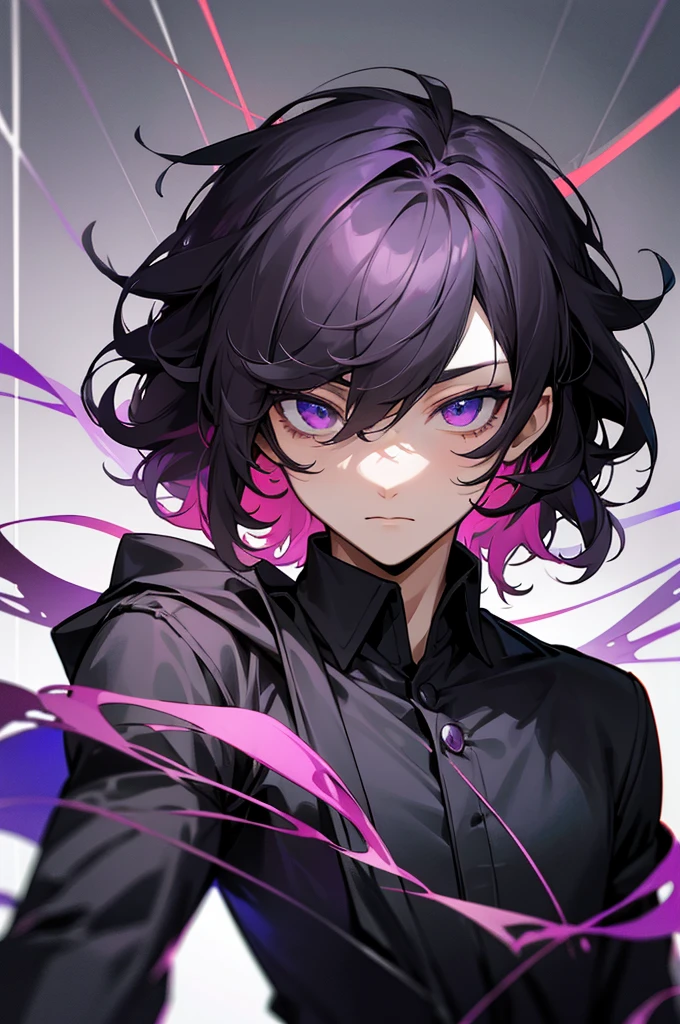 (high-quality, breathtaking),(expressive eyes, perfect face) 1male, male , solo, ager, short hair length, wavy curly hair, messy hair, white and black hair color, multicolored hair, deep purple eye color, background, music, mature, haunting twilight background, slightly narrow eyes, hooded jacket, dark purple blue shirt, navy black pants, modern attire, VFlower Vocaloid Male Version, spy x family art style, masculine face