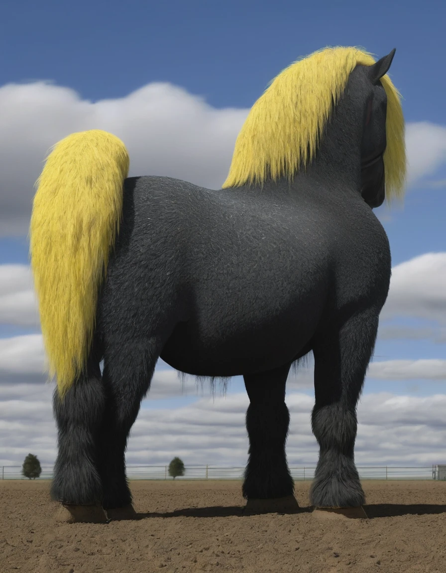 full rear view of a very huge fat very hairy (200) black(100) draft horse stallion with 2 big lumps of horse dung (50) dropping to the ground out of rectum at the centre of a big bum and sliding down legs. huge volume of light yellow urine pouring out f erect horse penis (20) flooding (800) the ground under horse. facing away from view point - towards horizon. open rectum and anus in full view tail to left side. yellow gas gas jetting out of bum. ((masterpiece)), ((best quality)), ((highres)), ((extremely detailed)), (( long distance back view)), (super realistic) . anatomically correct. open field. bright sunny sky. (head(1,10), body, legs, hooves,(2.5)). hairy horse. 5 very large piles of horse dung around back of horse(1,20).