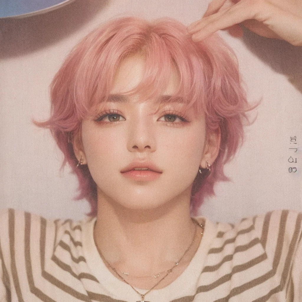 blurred photo of a man with pink hair and a necklace, park Jimin, Jimin\the full lips, accurate Jimin face, Jimin, Jimin\the Greek nose, Jimin\the right eyelid is swollen, Retrato de Jossi do Blackpink, key still, high quality scan, megascans, uhigh quality scan, all from the group nct, magazine scanning, BTS