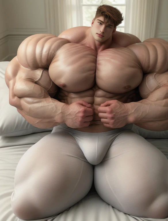 1boy, giant, alone, giant bodybuilder, illuminating light, strong body, bulk, large size, resting on pillow on bed in white room, armpit, nude, white triangular underwear, huge bulge, bulge, extraordinary big, brutalmass, giant muscular body, bulk, buff, massive body, large meaty body size, extremely wide body,