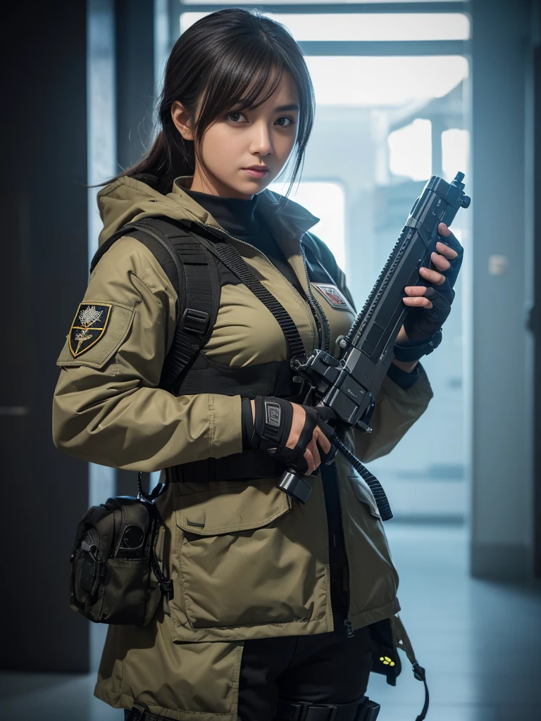 ((best qualityer)), ((Masterpiece artwork)), (high détail: 1.3), ....3d, Machine gun in hand, beautiful special forces shooting (cyberpunk:1.2), Robort, woman with thick voluminous hair in (em camouflage_'s uniform:1.1), bullet proof vest, raincoat, Digital (cloathing: 1.3), HDR (high dynamic range), ray tracing, nvidia RTX, ultra-highresolution, Unreal 5, sub-surface Scattering, PBR Texturing, Post-processing, anisotropic filtering, Depth of field, Maximum clarity and sharpness, Multilayer textures, Albedo and reflection maps, surface shading, accurate simulation of the interaction of light and material, ideal proportions, octane rendering, two-color lighting, Wide aperture, Low ISO, White balance, rule of thirds, 8K BRUT, effective subpixel, subpixel convolution,