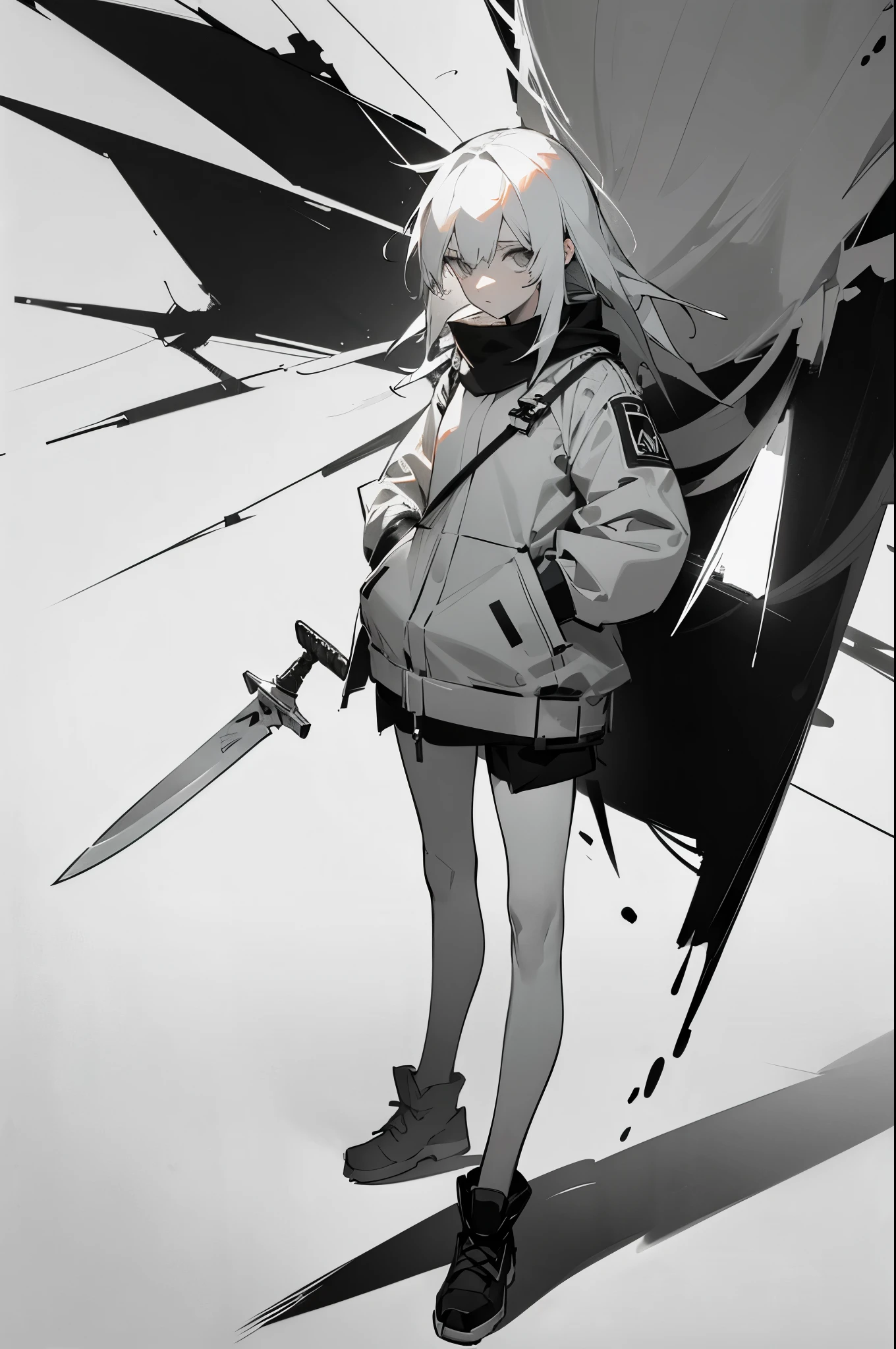 (Partial Mosaic, White Hair Girl, knife), Grayscale Shades, sketch, Minimalist Style, Monochrome background street art, arms in pockets, facing camera