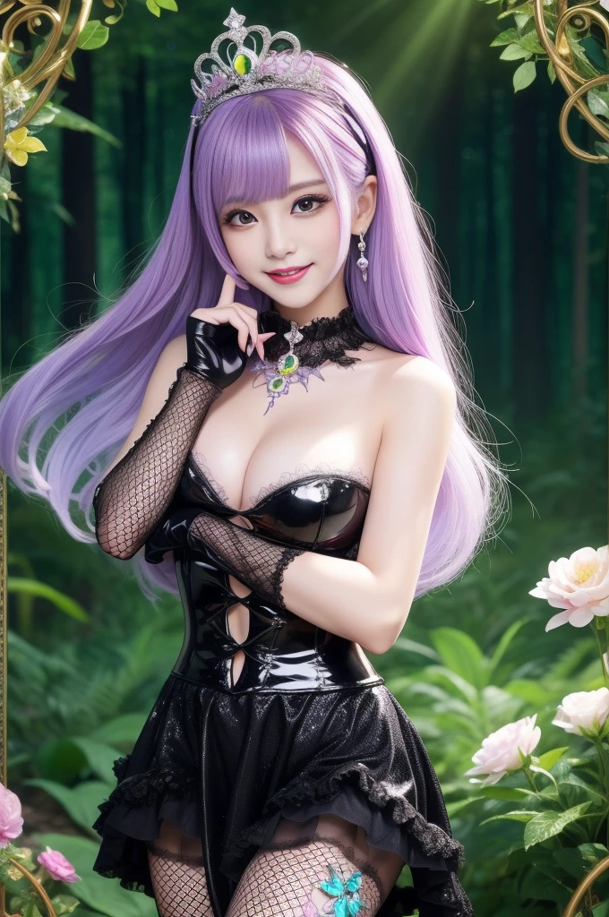 sexy princess who controls poison、beautiful smile、lipgloss、long lashes、intense makeup、look at the camera、full body Esbian、、sparkling poisoned flower costume、、、、shiny sparkling multicolor hair、secrete poison、skull hair accessories、fishnet tights、shiny sparkling dark magic forest background