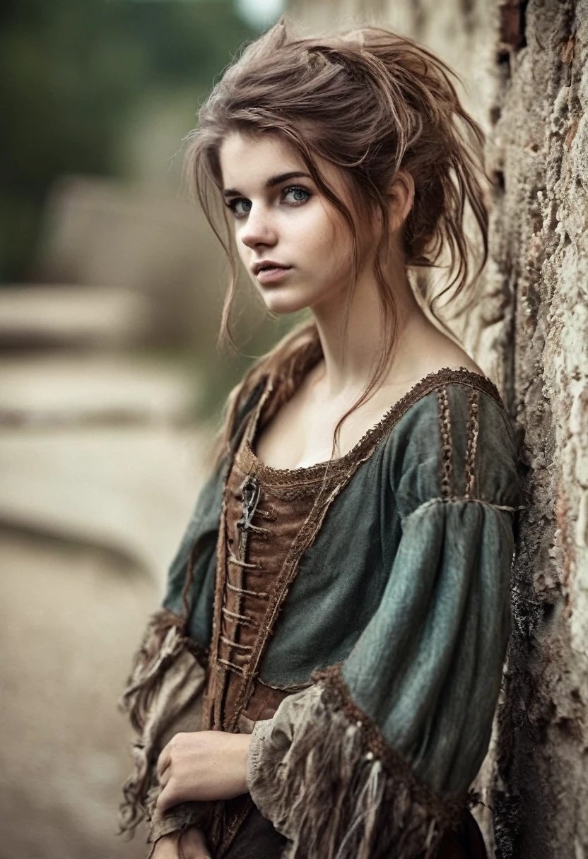 photorealistic, cute woman with messy hair and poor tattered clothes, beautiful sexy, (detailed medieval background), ultra sharp focus, detailed face, (((posing))), random hair color, short hair, pretty eyes, whole body, High quality analog color photography., depth of field, film grain