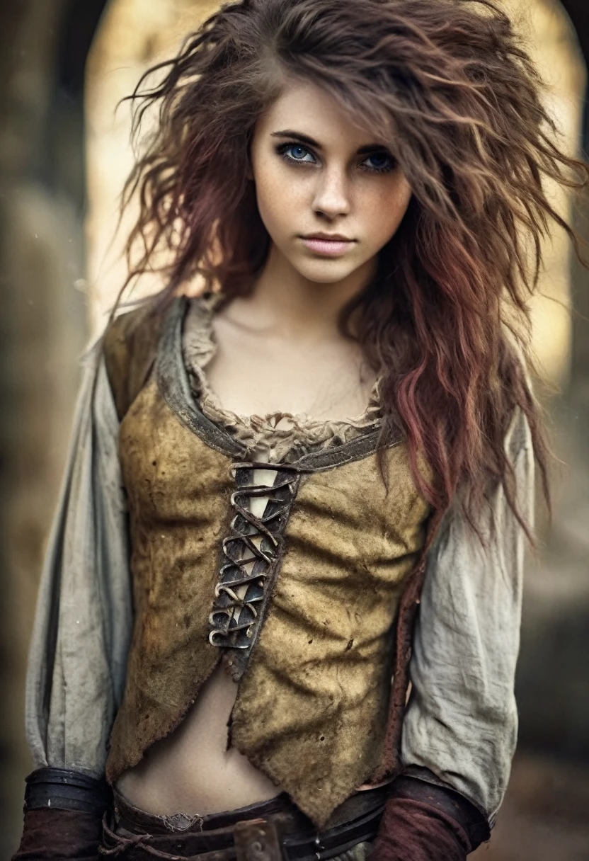 photorealistic, cute woman with messy hair and poor tattered clothes, beautiful sexy, (detailed medieval background), ultra sharp focus, detailed face, (((posing))), random hair color, short hair, pretty eyes, whole body, High quality analog color photography., depth of field, film grain