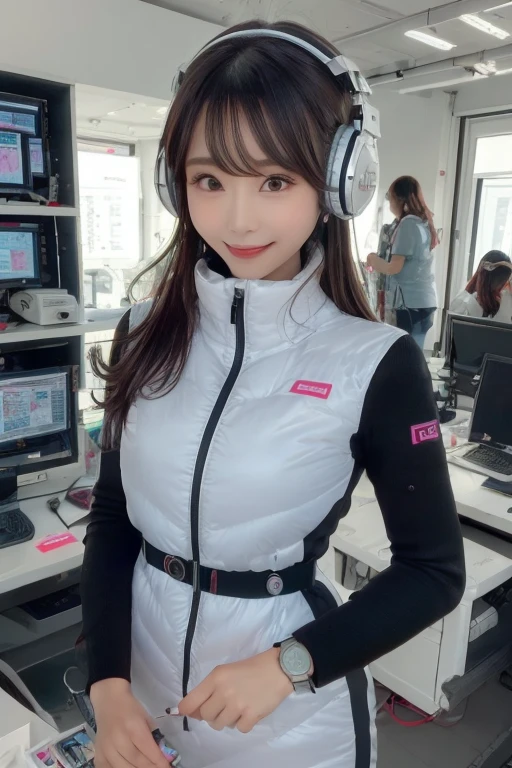 masterpiece, Highest quality, Very detailed, 8K Portrait,Japanese Android Girl,plump , Control panel,Robotic arms and legs, Blunt bangs,,break (Metallic Gray, Metallic luster, Mirror finish, Astro Best):5,headphone:5,break (Black sleeves):100,Smart Watches,Futuristic space station,Control Room,break headphone,blue eyes,(Black Hair):2,(Long Hair):1.3,Displaying the viewer,(respirator),break blush:3,Hidden Hand,smile