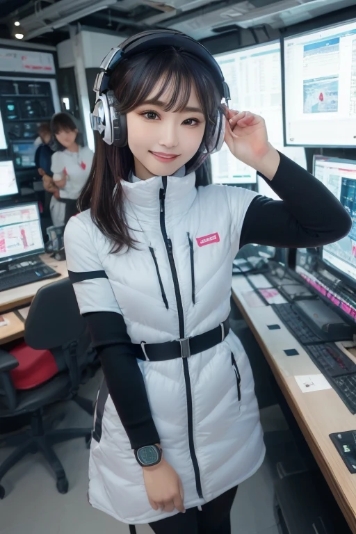 masterpiece, Highest quality, Very detailed, 8K Portrait,Japanese Android Girl,plump , Control panel,Robotic arms and legs, Blunt bangs,,break (Metallic Gray, Metallic luster, Mirror finish, Astro Best):5,headphone:5,break (Black sleeves):100,Smart Watches,Futuristic space station,Control Room,break headphone,blue eyes,(Black Hair):2,(Long Hair):1.3,Displaying the viewer,(respirator),break blush:3,Hidden Hand,smile