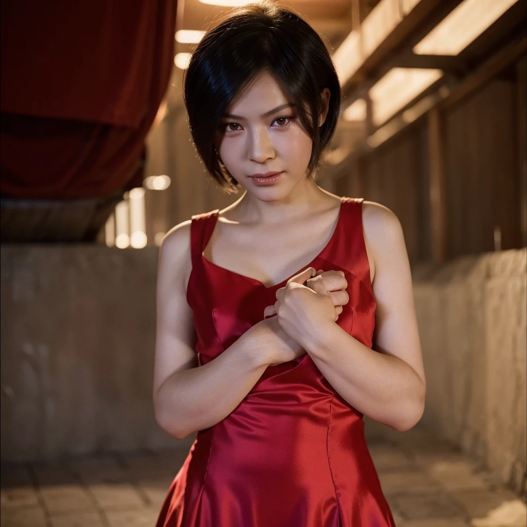 A photo of an 5-year-old Ada Wong wearing a red dress and holding a teddy bear. Kid, , slim, short black hair, brown eyes, fair skin.