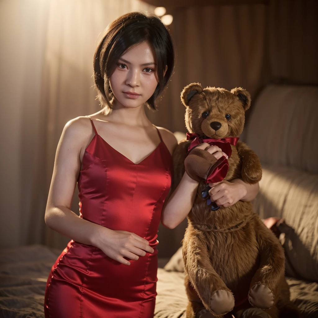 A photo of an 5-year-old Ada Wong wearing a red dress and holding a teddy bear. Kid, , slim, short black hair, brown eyes, fair skin.