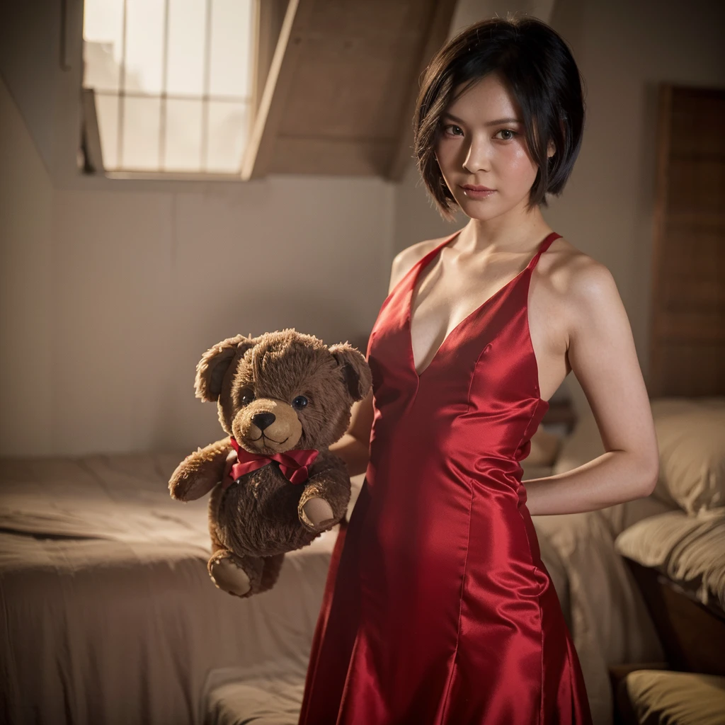 A photo of an 5-year-old Ada Wong wearing a red dress and holding a teddy bear. Kid, , slim, short black hair, brown eyes, fair skin.