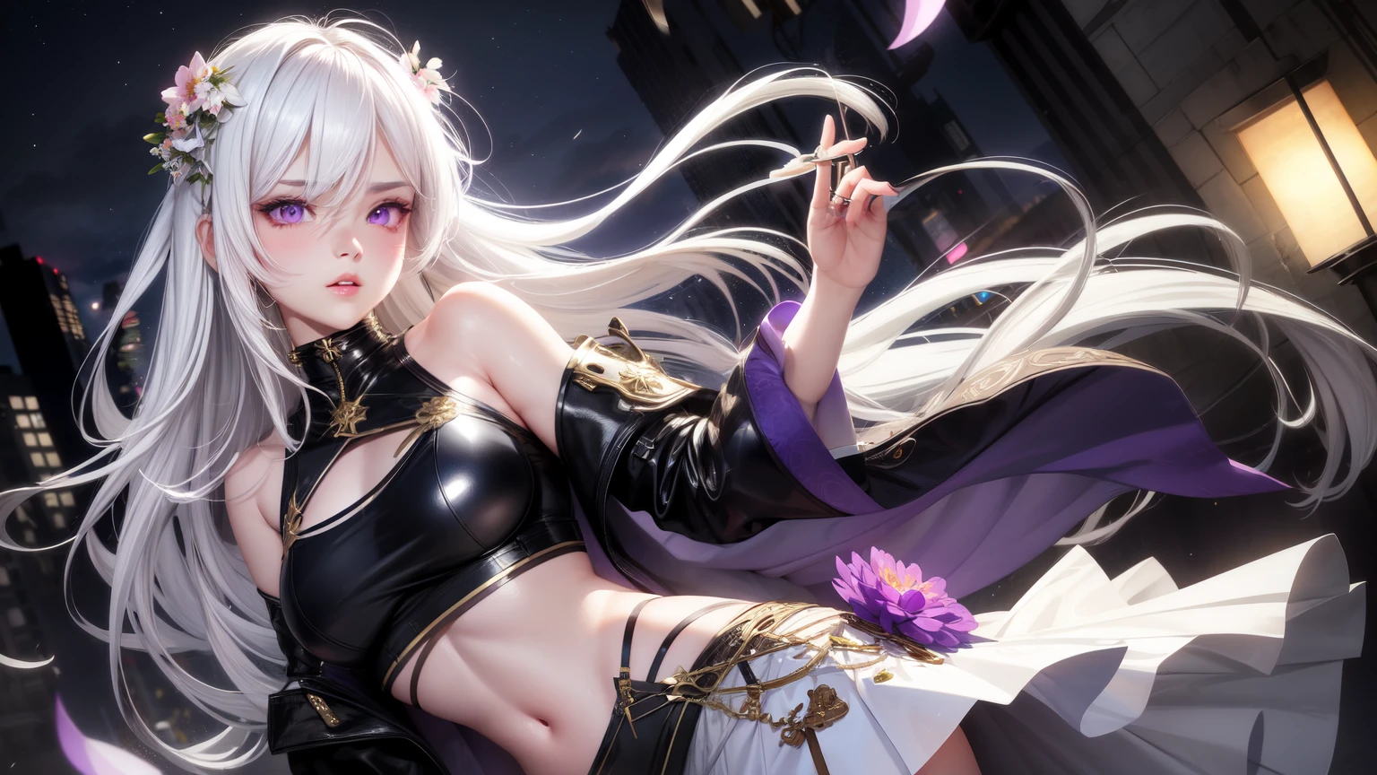 realistic, 1girl, white hair, purple eyes, glowing eyes, crop top, skirt, parted lips, blush, night, flowers, sun, sunlight,