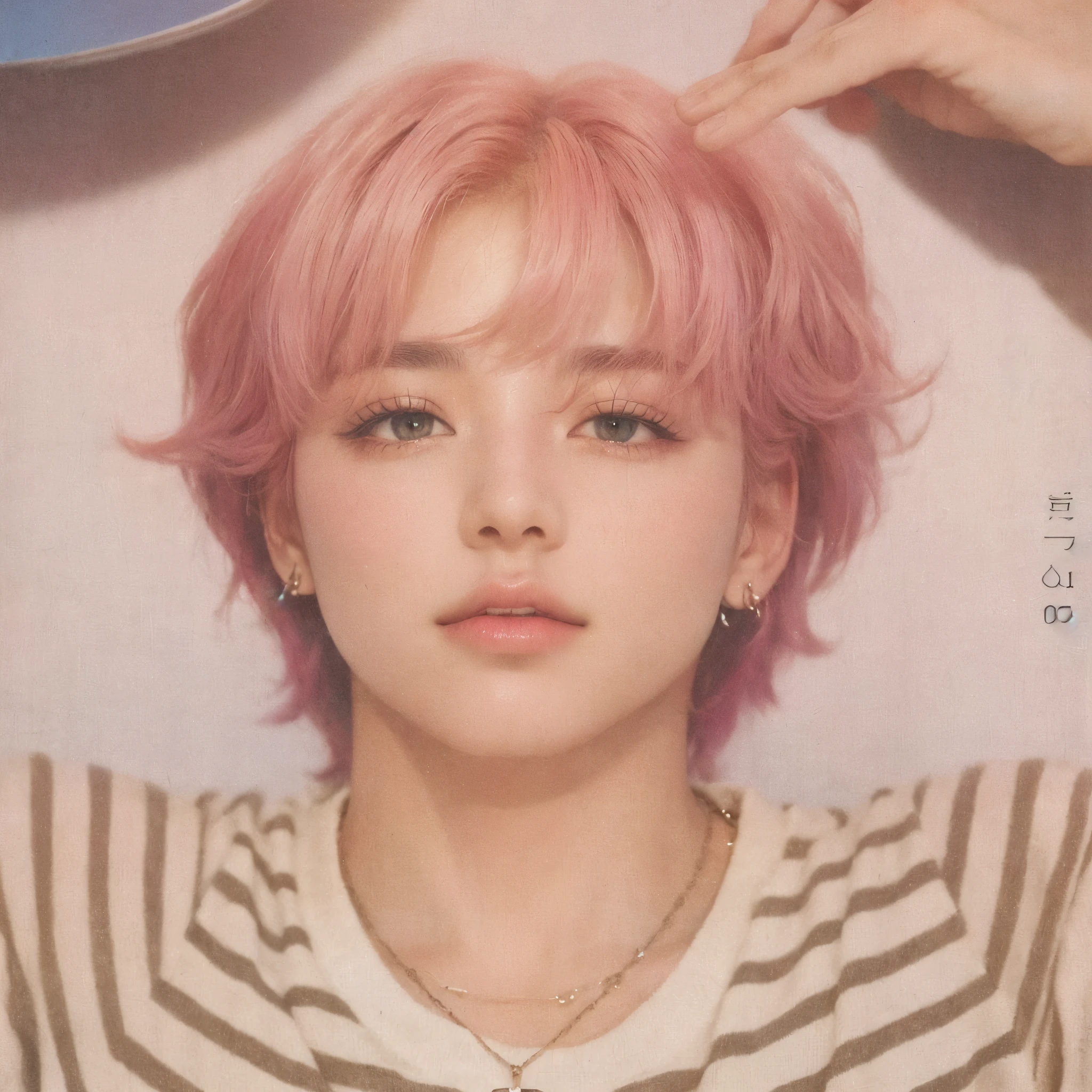 blurred photo of a man with pink hair and a necklace, park Jimin, Jimin\the full lips, accurate Jimin face, Jimin, Jimin\the Greek nose, Jimin\the right eyelid is swollen, Retrato de Jossi do Blackpink, key still, high quality scan, megascans, uhigh quality scan, all from the group nct, magazine scanning, BTS