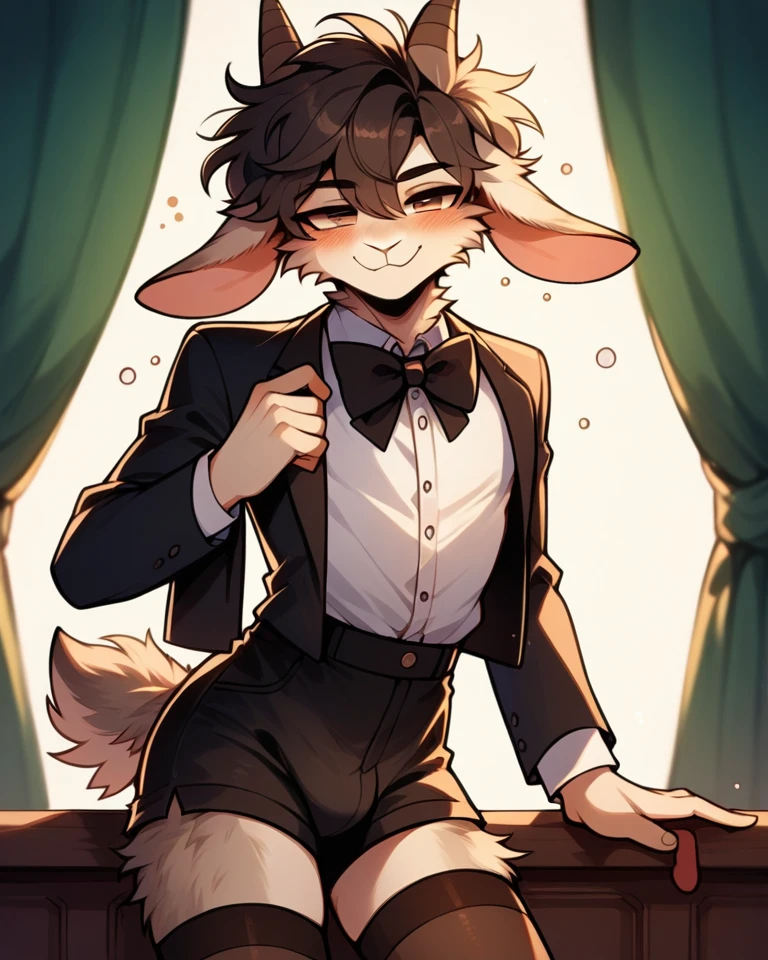 Best quality, Super detailed illustration, Warm colors, perfect lighting, (fluffy goat boy:1.6), (black fur:1,6), disheveled thick hair, short shorts, elegant outfit with bow tie, tailcoat, short shorts, Tight stockings, smug smile, happy drunk mood , a femboy, slim, Perfect body,