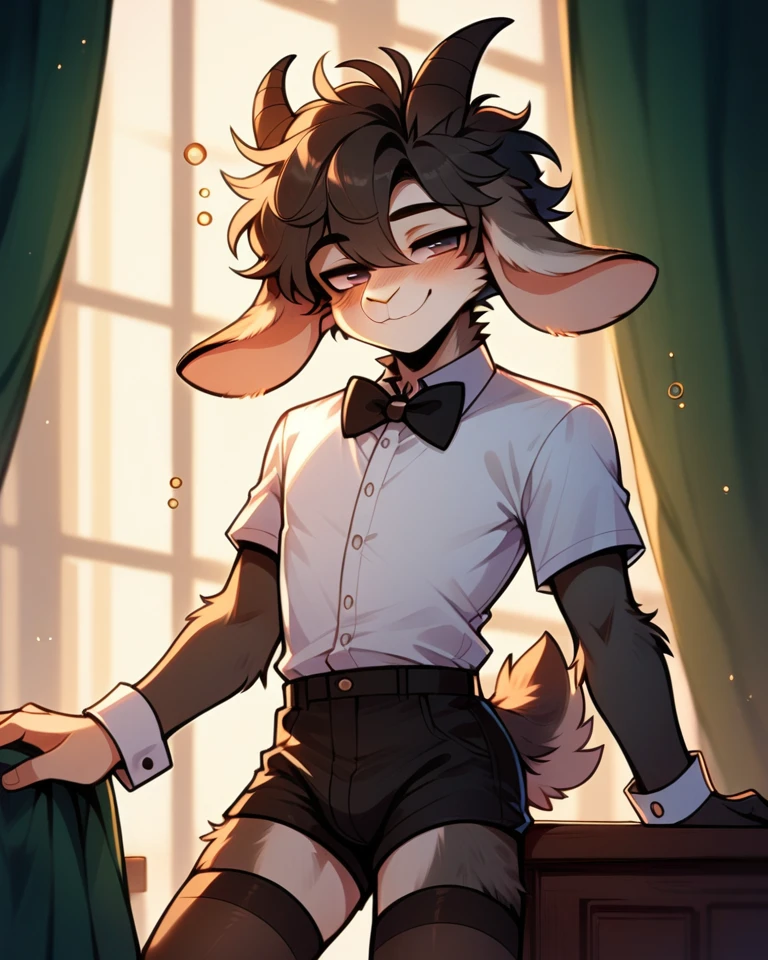 Best quality, Super detailed illustration, Warm colors, perfect lighting, (fluffy goat boy:1.6), (black fur:1,6), disheveled thick hair, short shorts, elegant outfit with bow tie, tailcoat, short shorts, Tight stockings, smug smile, happy drunk mood , a femboy, slim, Perfect body,