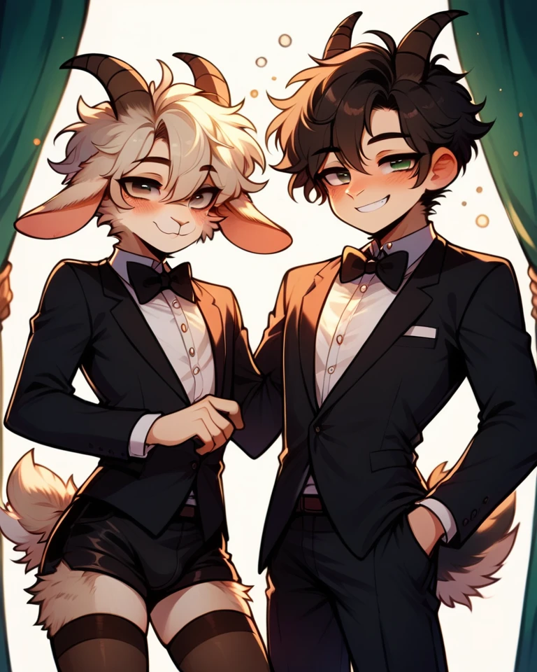 Best quality, Super detailed illustration, Warm colors, perfect lighting, (fluffy goat boy:1.6), (black fur:1,6), disheveled thick hair, short shorts, elegant outfit with bow tie, tailcoat, short shorts, Tight stockings, smug smile, happy drunk mood , a femboy, slim, Perfect body,