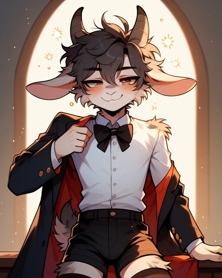 Best quality, Super detailed illustration, Warm colors, perfect lighting, (fluffy goat boy:1.6), (black fur:1,6), disheveled thick hair, short shorts, elegant outfit with bow tie, tailcoat, short shorts, Tight stockings, smug smile, happy drunk mood , a femboy, slim, Perfect body,