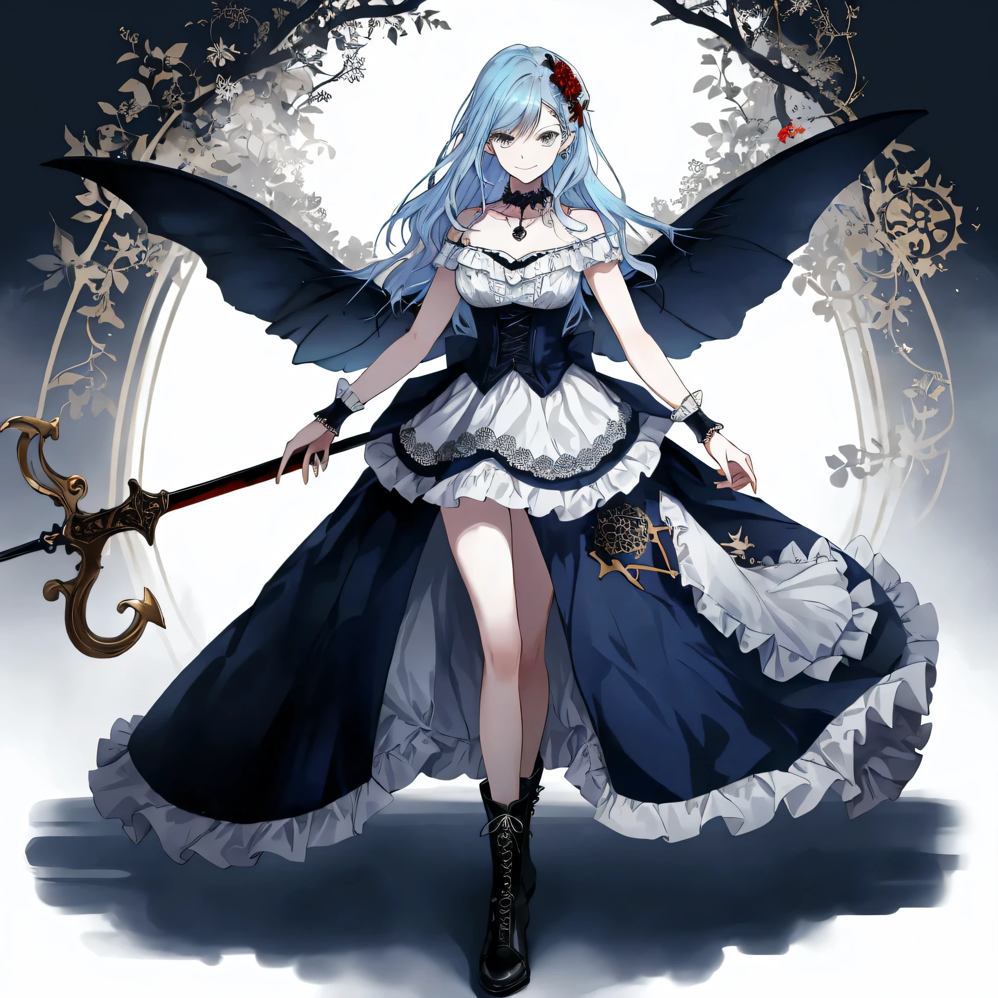  ((best quality)), ((masterpiece)), (detailed), 1girl, Character design, female, dynamic poses, ((long blue hair)), grey white eyes, very skinny, detailed, best quality, no accesoires around the neck, prominent collarbones, skinny arms, full body, blank white background, plain background, white background, ((red and white clothing)), Bloodborne inspired, occult aesthetic, occult, detailed and intricate steampunk and detailed gothic, Very dramatic and cinematic lighting, cosmic horror, grim-dark, side-lighting, perfect face,  Fluttering lace flared long knee length dress with frilly petticoats, knee length dress, pleated petticoats, petticoats gothic, complex lace boots, side-lighting, gothic aesthetic, wielding a mighty sword with mechanical components, mandalas, small breasts, a fairy, various different types of insect wings,full body, whole body, white holy clothes,white holy clothes,((evil smile)),(blue hair),she has a big sword in her hand,