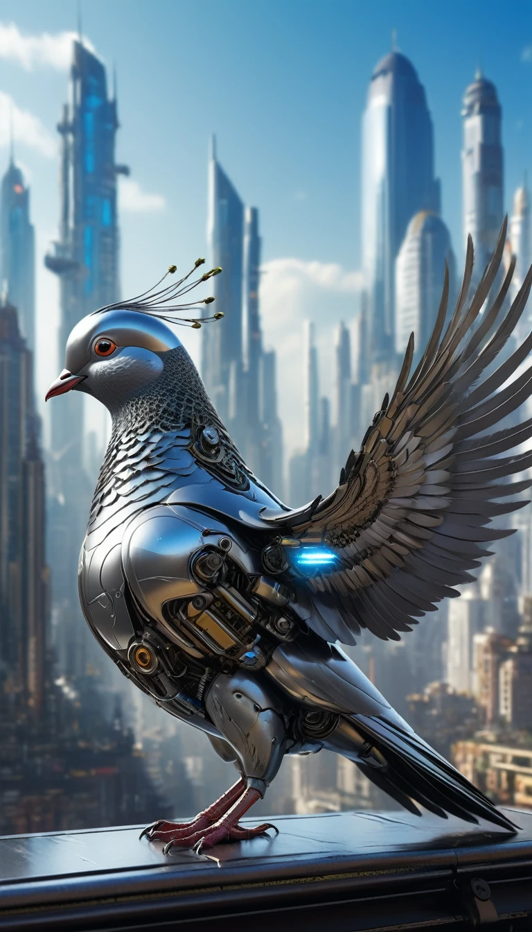 Jet-powered pigeons、Flying Metal Mechanical Pigeon,Futuristic Metal Pigeon,Mechanical pigeon,This pigeon is made entirely from small metal parts.,Exquisite Mechanical Wings,Metal feathers,Precise and intricate design,Very fine texture,Polished steel body,Future city background,Beautiful sci-fi art, Science Fiction Digital Art插画, Digital Cyberpunk Art, sci fi digital painting, Futuristic Digital, Futuristic concept art, In front of a SF cityscape, Science Fiction Digital Art, 先进的Digital Cyberpunk Art, Awesome Cyberpunk Dove