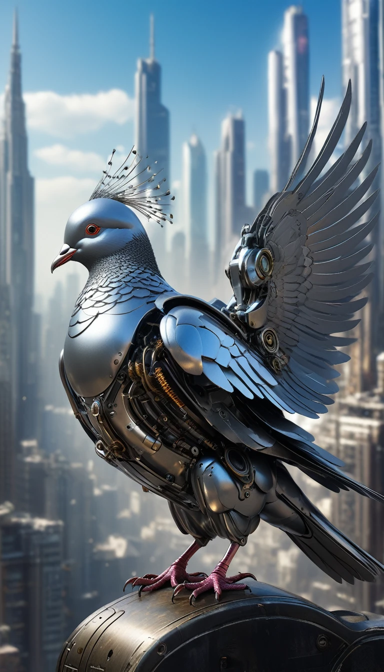 Jet-powered pigeons、Flying Metal Mechanical Pigeon，Futuristic Metal Pigeon，Mechanical pigeon，This pigeon is made entirely from small metal parts.，Exquisite Mechanical Wings,Metal feathers,Precise and intricate design,Very fine texture,Polished steel body,Future city background，Beautiful sci-fi art, Science Fiction Digital Art插画, Digital Cyberpunk Art, sci fi digital painting, Futuristic Digital, Futuristic concept art, In front of a SF cityscape, Science Fiction Digital Art, 先进的Digital Cyberpunk Art, Awesome Cyberpunk Dove