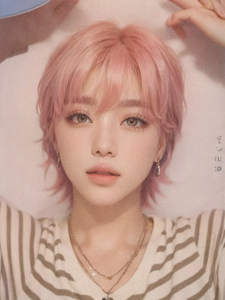 blurred photo of a man with pink hair and a necklace, park Jimin, Jimin\the full lips, accurate Jimin face, Jimin, Jimin\the Greek nose, Jimin\the right eyelid is swollen, Retrato de Jossi do Blackpink, key still, high quality scan, megascans, uhigh quality scan, all from the group nct, magazine scanning, BTS