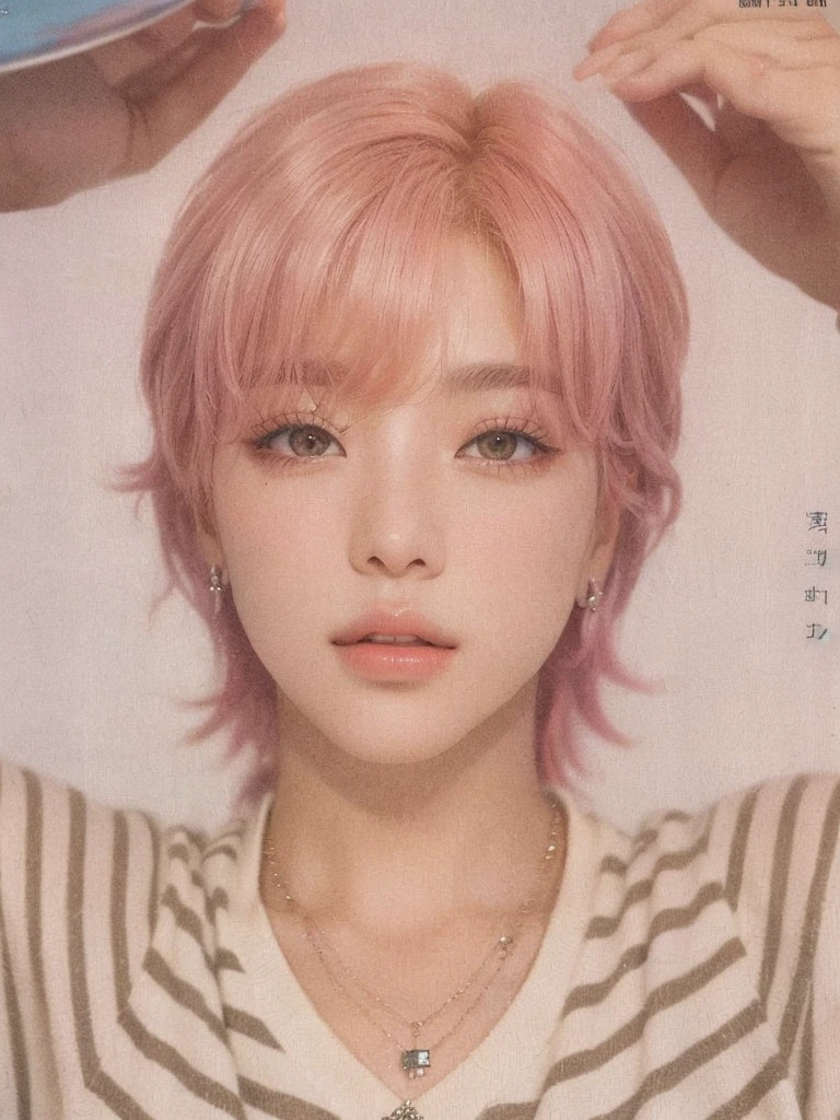 blurred photo of a man with pink hair and a necklace, park Jimin, Jimin\the full lips, accurate Jimin face, Jimin, Jimin\the Greek nose, Jimin\the right eyelid is swollen, Retrato de Jossi do Blackpink, key still, high quality scan, megascans, uhigh quality scan, all from the group nct, magazine scanning, BTS