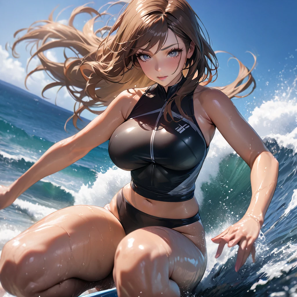 Highest quality, masterpiece,Ultra high definition,One Girl,Brown Hair,Long Hair,Female Surfer, Swimwear,Large Breasts,Beautiful legs,Sunburned skin,Surfing Venues,Ocean,Beautiful face in every detail,Beautiful Eyes,Detailed and realistic skin,Dynamic Angle