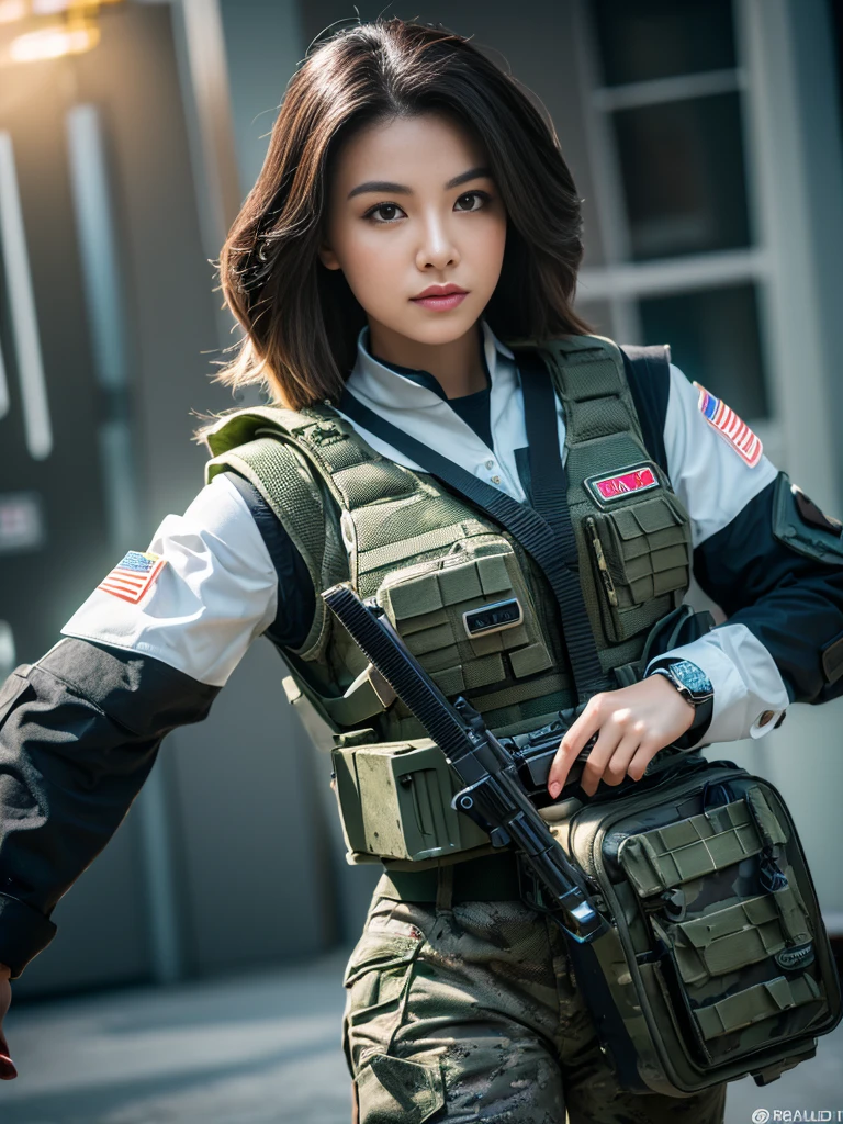 ((best qualityer)), ((Masterpiece artwork)), (high détail: 1.3), ....3d, Machine gun in hand, beautiful special forces shooting (cyberpunk:1.2), Robort, woman with thick voluminous hair in (em camouflage_'s uniform:1.1), bullet proof vest, raincoat, Digital (cloathing: 1.3), HDR (high dynamic range), ray tracing, nvidia RTX, ultra-highresolution, Unreal 5, sub-surface Scattering, PBR Texturing, Post-processing, anisotropic filtering, Depth of field, Maximum clarity and sharpness,  Multilayer textures, Albedo and reflection maps, surface shading, accurate simulation of the interaction of light and material, ideal proportions, octane rendering, two-color lighting, Wide aperture, Low ISO, White balance, rule of thirds, 8K BRUT, effective subpixel, subpixel convolution,