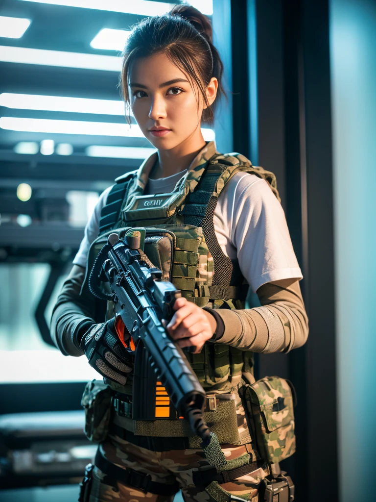 ((best qualityer)), ((Masterpiece artwork)), (high détail: 1.3), ....3d, Machine gun in hand, beautiful special forces shooting (cyberpunk:1.2), Robort, woman with thick voluminous hair in (em camouflage_'s uniform:1.1), bullet proof vest, raincoat, Digital (cloathing: 1.3), HDR (high dynamic range), ray tracing, nvidia RTX, ultra-highresolution, Unreal 5, sub-surface Scattering, PBR Texturing, Post-processing, anisotropic filtering, Depth of field, Maximum clarity and sharpness, Multilayer textures, Albedo and reflection maps, surface shading, accurate simulation of the interaction of light and material, ideal proportions, octane rendering, two-color lighting, Wide aperture, Low ISO, White balance, rule of thirds, 8K BRUT, effective subpixel, subpixel convolution,