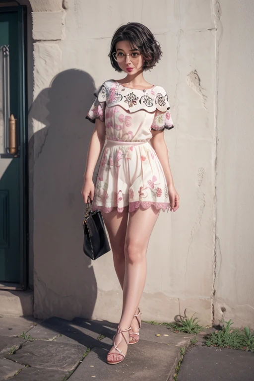 A beautiful woman with short black hair, transparent round glasses, brown eyes, thin waist and wide hips, with red lipstick on makeup, with a pink and white lace mini dress, standing with high-heeled sandals, walking
