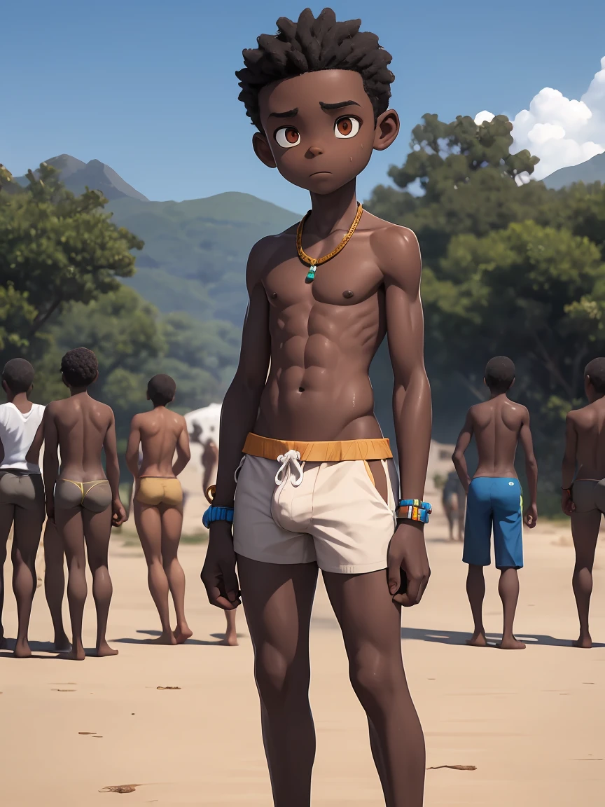 African boy in a poor neighborhood. Thin figure, emaciated figure, a little contour of the abdominal muscles, skin shine, (three-dimensional crotch), crotch bulge, African tribes, beach background, people coming and going, soaked everywhere, sweating, nude, butt.