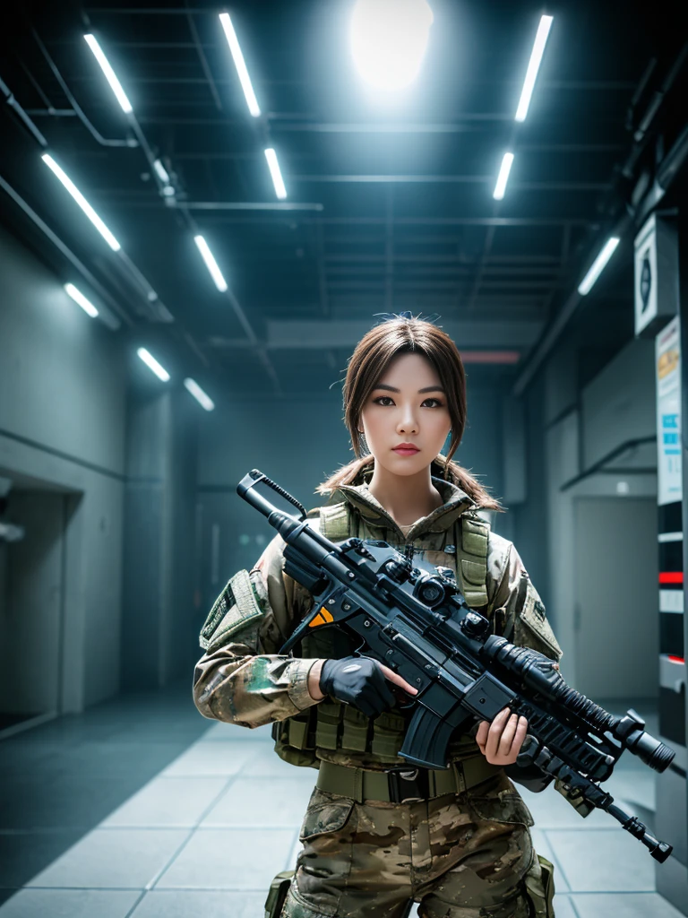 ((best qualityer)), ((Masterpiece artwork)), (high détail: 1.3), ....3d, Machine gun in hand, beautiful special forces shooting (cyberpunk:1.2), Robort, woman with thick voluminous hair in (em camouflage_'s uniform:1.1), bullet proof vest, raincoat, Digital (cloathing: 1.3), HDR (high dynamic range), ray tracing, nvidia RTX, ultra-highresolution, Unreal 5, sub-surface Scattering, PBR Texturing, Post-processing, anisotropic filtering, Depth of field, Maximum clarity and sharpness, Multilayer textures, Albedo and reflection maps, surface shading, accurate simulation of the interaction of light and material, ideal proportions, octane rendering, two-color lighting, Wide aperture, Low ISO, White balance, rule of thirds, 8K BRUT, effective subpixel, subpixel convolution,